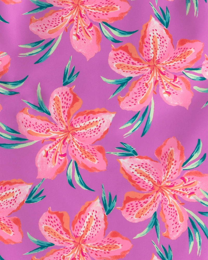 Girls Tropical Floral Rashguard Swimsuit - Purple