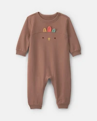 Baby Turkey Thanksgiving French Terry Long-Sleeve Jumpsuit - Brown