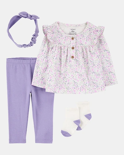 Baby Girl 4-Piece Floral Outfit Set - Purple