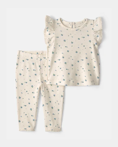 Baby Girl 2-Piece Blueberry Short-Sleeve Top & Pant Set - Ivory