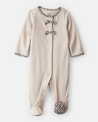 Baby Girl Bow Cotton Long-Sleeve Snug Fit Sleep & Play Pajamas - Brown