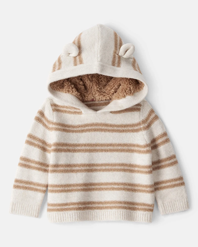 Baby Stripe Sweater with Teddy Fleece-Lined Hood and Bear Ears - Brown/Cream