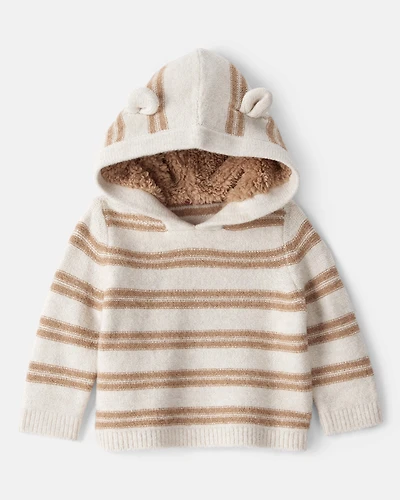 Baby Stripe Sweater with Teddy Fleece-Lined Hood and Bear Ears - Brown/Cream