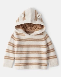 Baby Stripe Sweater with Teddy Fleece-Lined Hood and Bear Ears - Brown/Cream