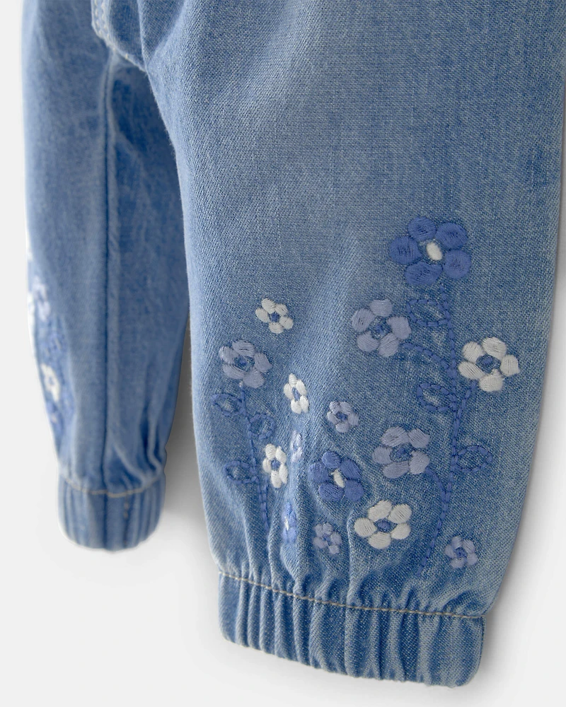 Baby Girl Floral Pull-On Denim Jogger - Medium Wash