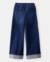 Kid Rigid Mid Rise Cuffed Wide Leg Jeans - Dark Wash