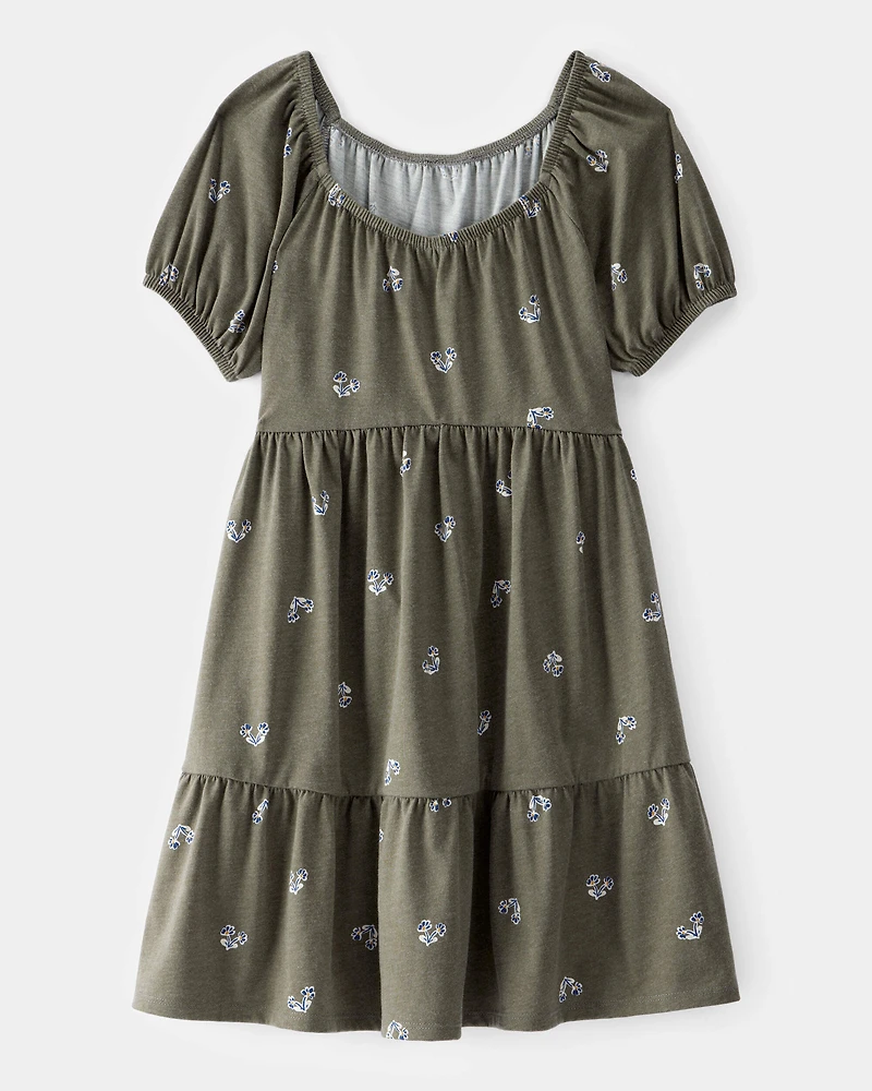 Kid Floral Tiered Puff Sleeve Dress - Green