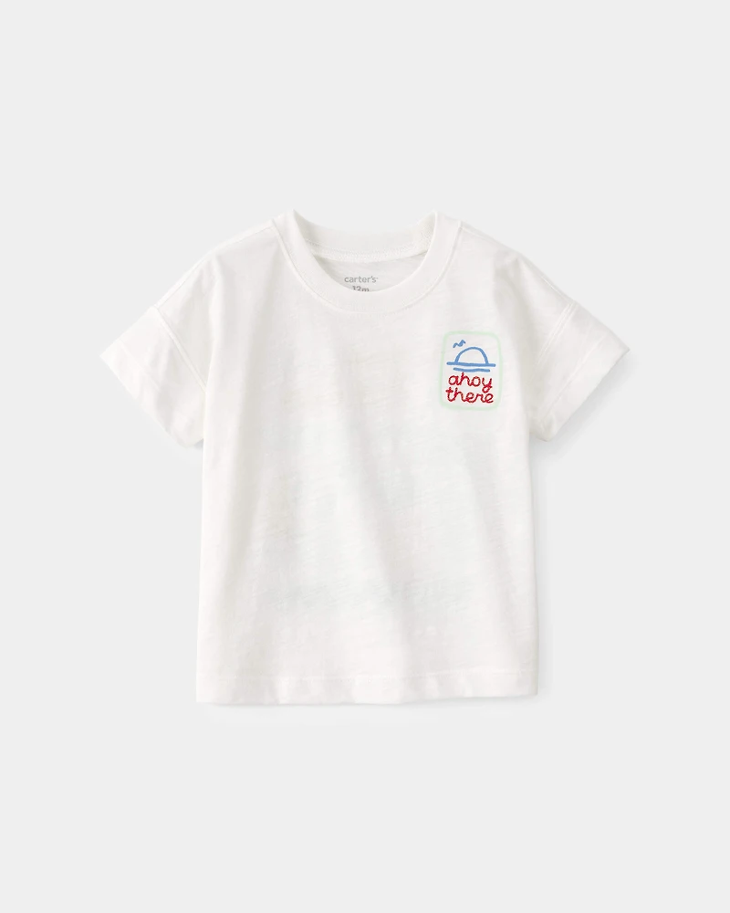 Baby Boy 2-Piece 'Ahoy There' Graphic Tee & Sailboat Shorts Set - White/Blue