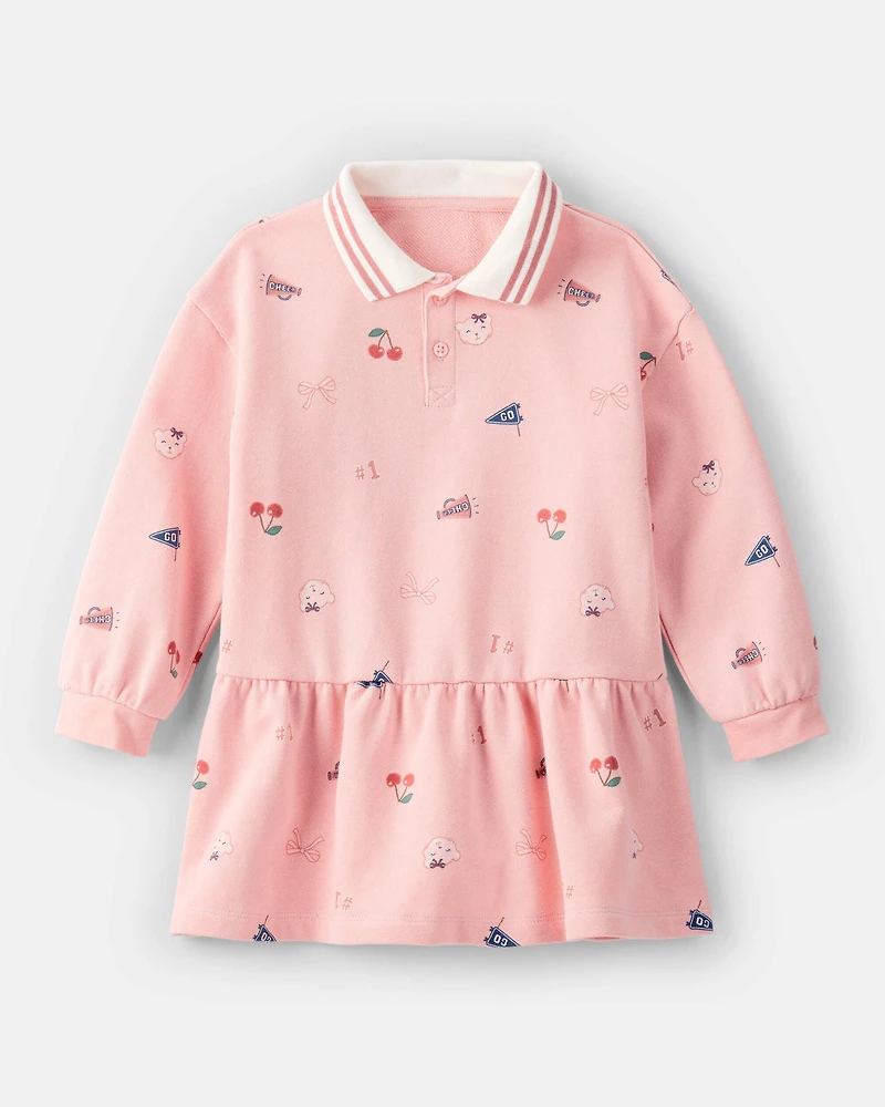 Toddler Girl Art Print Collared Long-Sleeve Dress - Pink