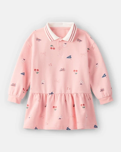 Toddler Girl Art Print Collared Long-Sleeve Dress - Pink
