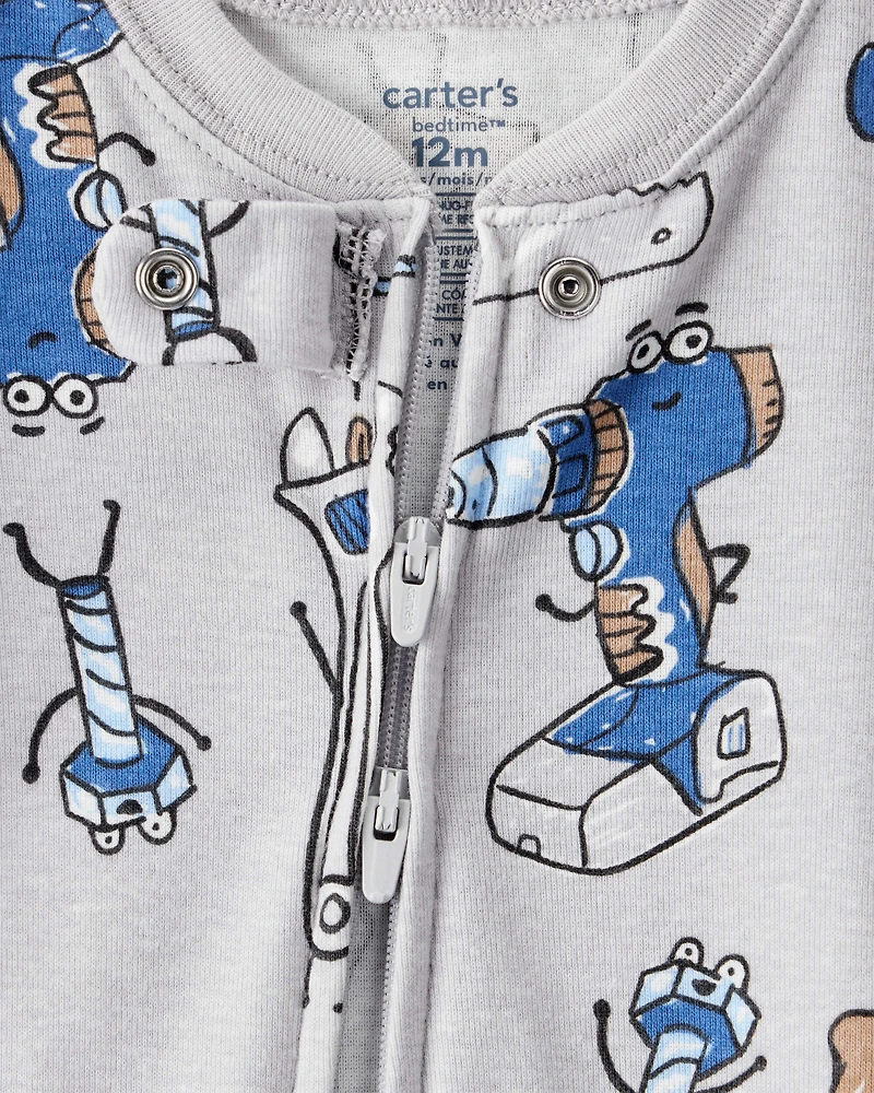 Baby Boy Construction Print 100% Cotton Long-Sleeve Snug Fit 1-Piece Pajamas