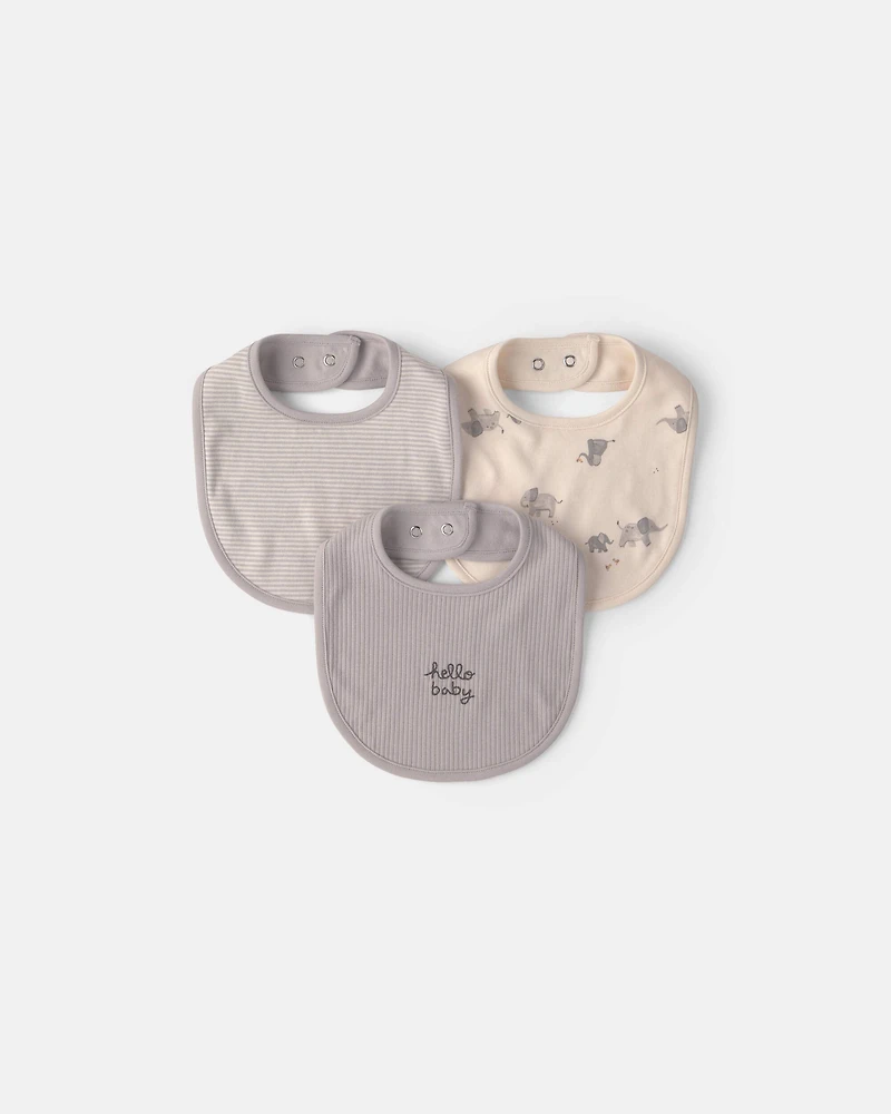 Baby 3-Pack 'Hello Baby' Bibs - Grey/Ivory