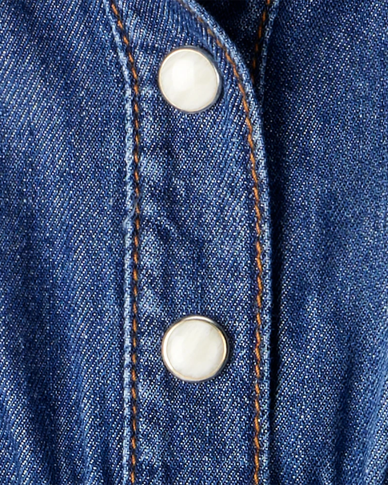 Baby Girl Denim Cotton Long-Sleeve Jumpsuit - Smokey Wash