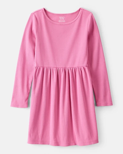 Girls Long Sleeve Cotton Dress - Pink