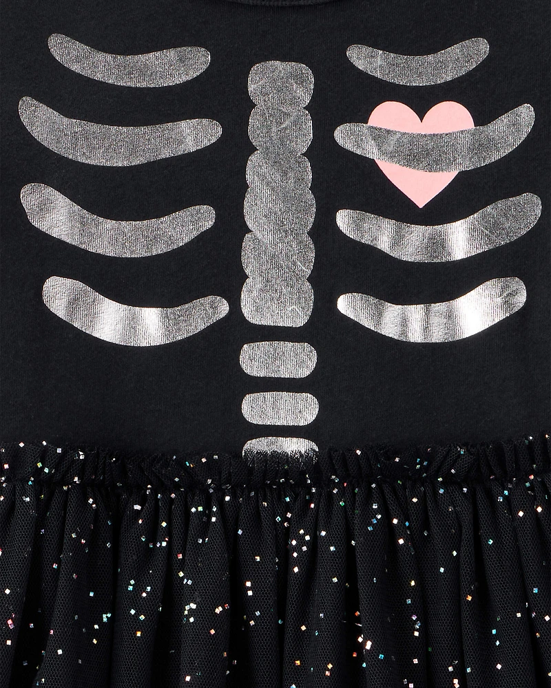 Toddler Halloween Skeleton Glitter Tulle Dress - Black