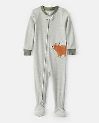 Baby Boy Bear Striped 100% Cotton Long-Sleeve Snug Fit 1-Piece Pajamas - Green
