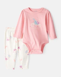 Baby Girl 2-Piece Dinosaur Print Cotton Long-Sleeve Bodysuit & Pant Set - Pink/White