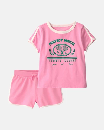 Girls 2-Piece 'Perfect Match' Tennis Active Top & French Terry Shorts Set - Pink