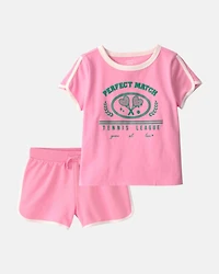 Girls 2-Piece 'Perfect Match' Tennis Active Top & French Terry Shorts Set - Pink