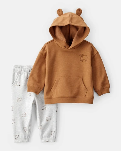 Baby Boy DayDream Fleece Bear Print Long-Sleeve Tee & Pant Set - Brown