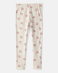 Girls Cherry Print Cotton Pull-On Stretch Leggings - Ivory