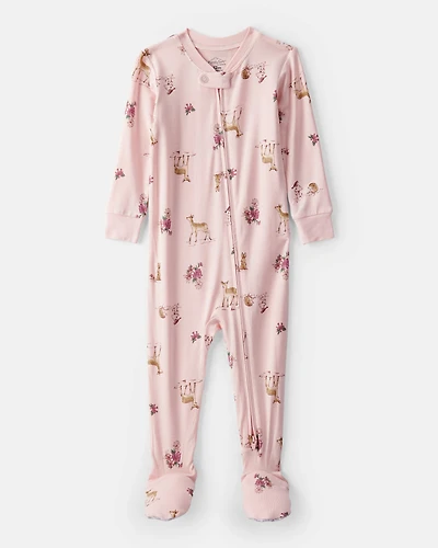 Baby Girl Deer & Floral Print PurelySoft Long-Sleeve 2-Way Zip 1-Piece Pajamas - Pink