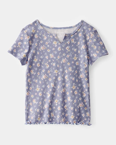 Girls Ribbed Floral Print Short-Sleeve Shirt - Blue