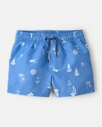 Toddler Boy 2-Piece Long-Sleeve Rashguard & Sailboat Swim Trunks Set - Blue/White