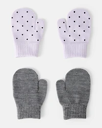Toddler Girl 2-Pack Cat Polka Dot Winter Mittens - Purple/Grey