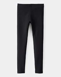 Girls Solid Cotton Ribbed Stretch Leggings - Black