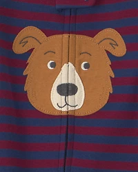 Baby Boy 1-Piece Dog Striped 2-Way Zip 100% Cotton Snug Fit Footed Pajama - Burgundy/Blue