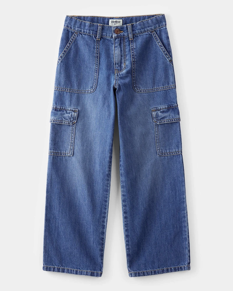 Kid High Rise Cargo Denim Jeans - Blue Wash