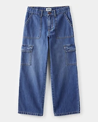 Kid  High Rise Cargo Denim Jeans - Blue Wash