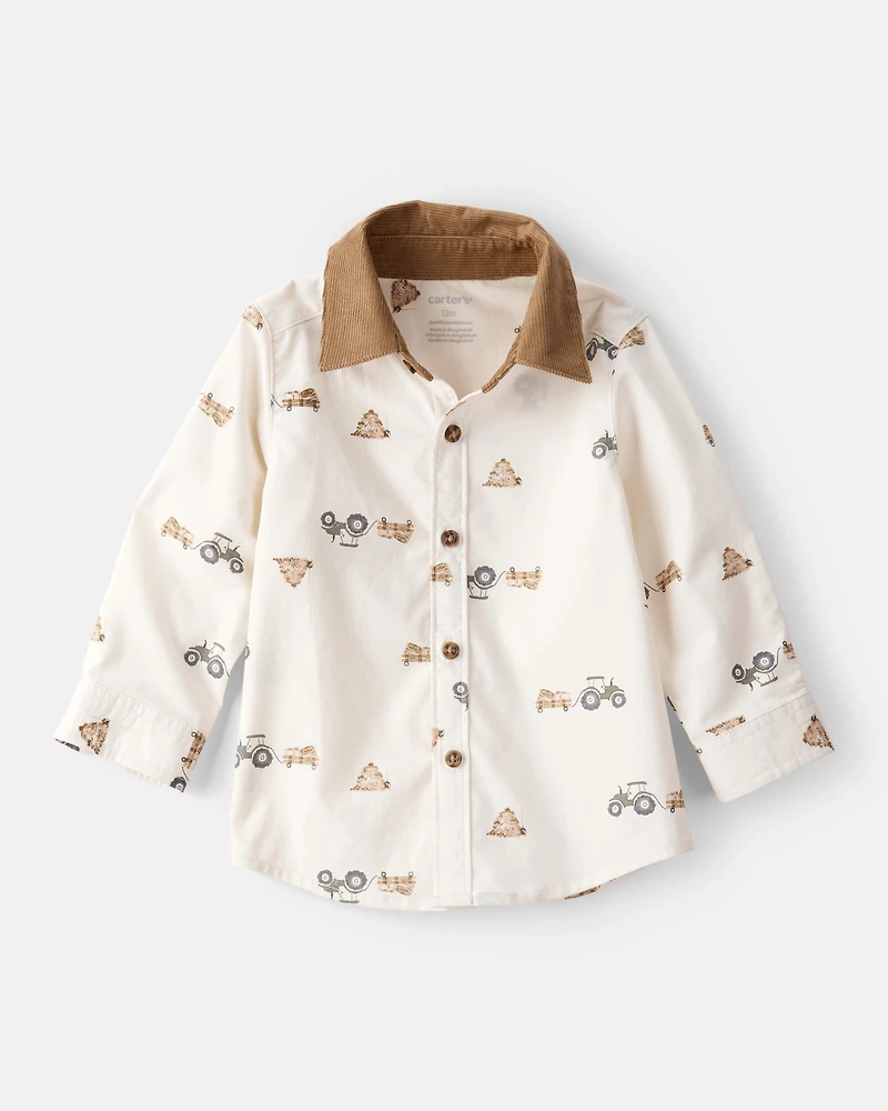 Baby Boy Tractor Print Cotton Long-Sleeve Button Down Shirt - White