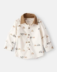 Baby Boy Tractor Print Cotton Long-Sleeve Button Down Shirt - White