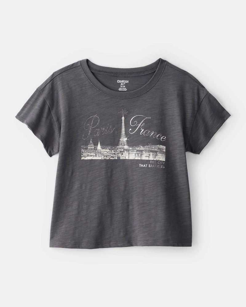 Girls Paris Cotton Short-Sleeve Graphic Tee - Grey