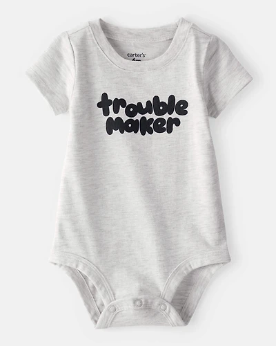 Baby Boy 'Trouble Maker' Short-Sleeve Graphic Bodysuit - Grey