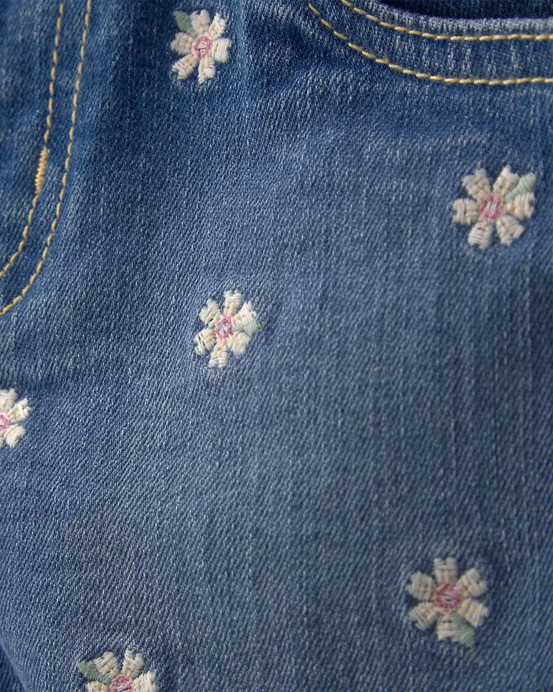 Toddler Girl Daisy Denim Embroidered Shorts - Dark Wash