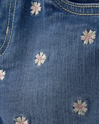 Toddler Girl Daisy Denim Embroidered Shorts - Dark Wash