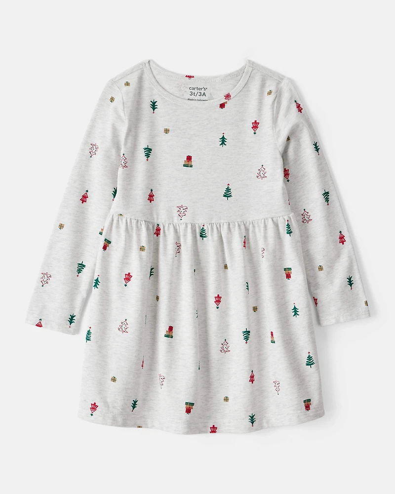 Toddler Girl Christmas Tree Print Long-Sleeve Dress