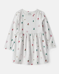 Toddler Girl Christmas Tree Print Long-Sleeve Dress