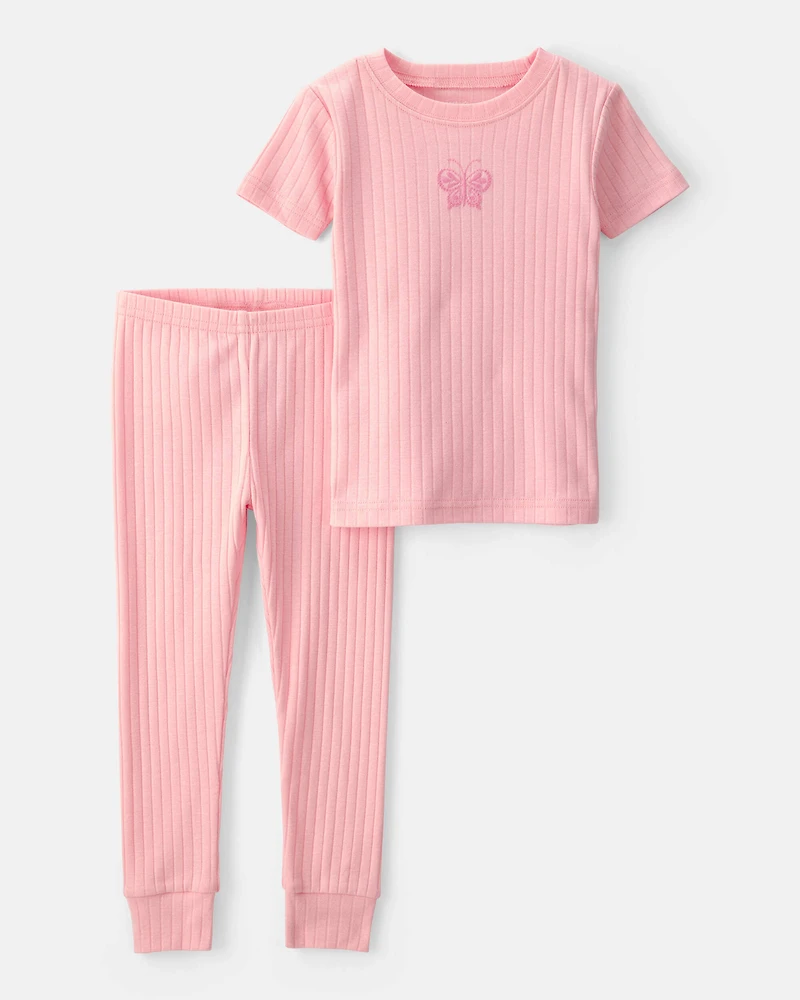 Baby Girl Butterfly Rib Snug Fit 2-Piece Pajama Set - Pink