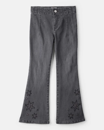 Girls Star Print Denim Bootcut Jeans - Black