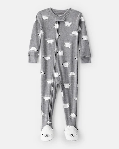 Baby Boy Polar Bear Cotton Snug Fit 2-Way Zip Footie 1-Piece Pajamas - Grey
