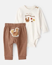 Baby My First Thanksgiving Cotton Long-Sleeve Bodysuit & Pant Set - Cream/Brown