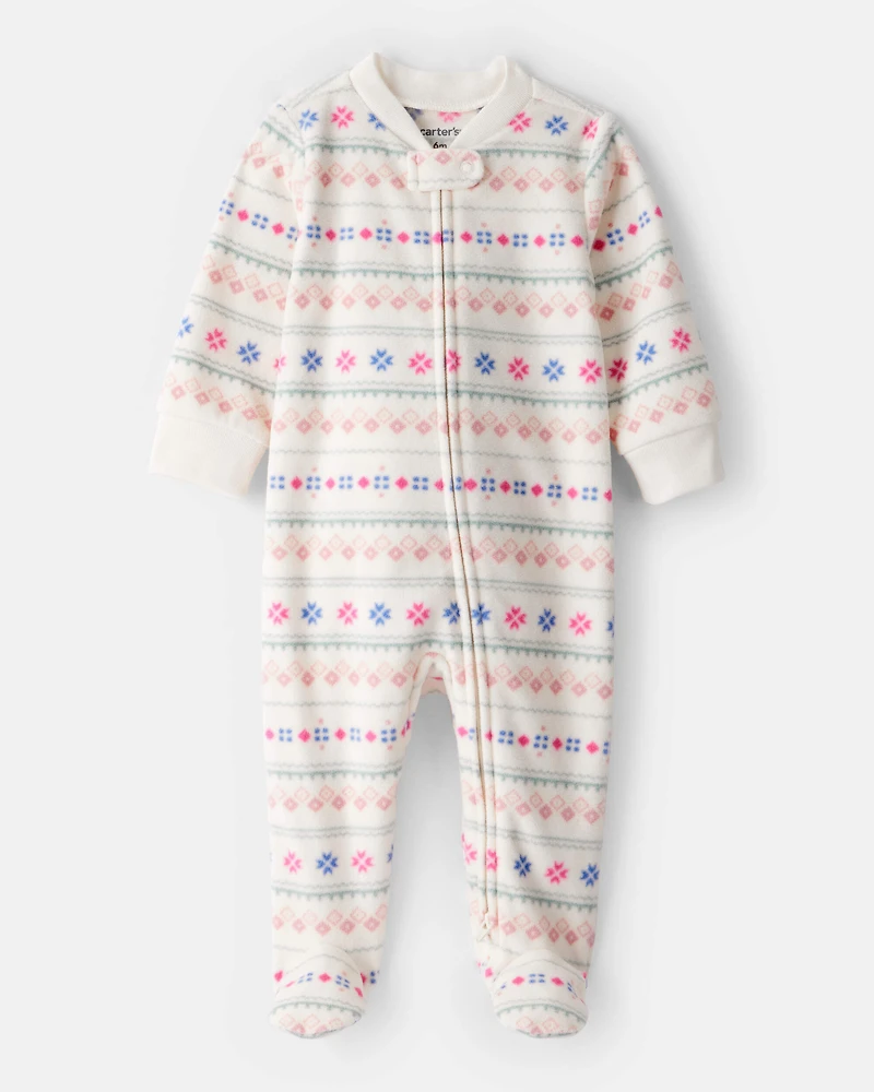 Baby Girl Fair Isle Fleece Long-Sleeve Loose Fit Sleep & Play Pajamas