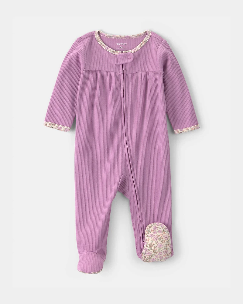 Baby Girl Floral-Trim 2-Way Zip Snug Fit Sleep & Play Pajamas - Pink