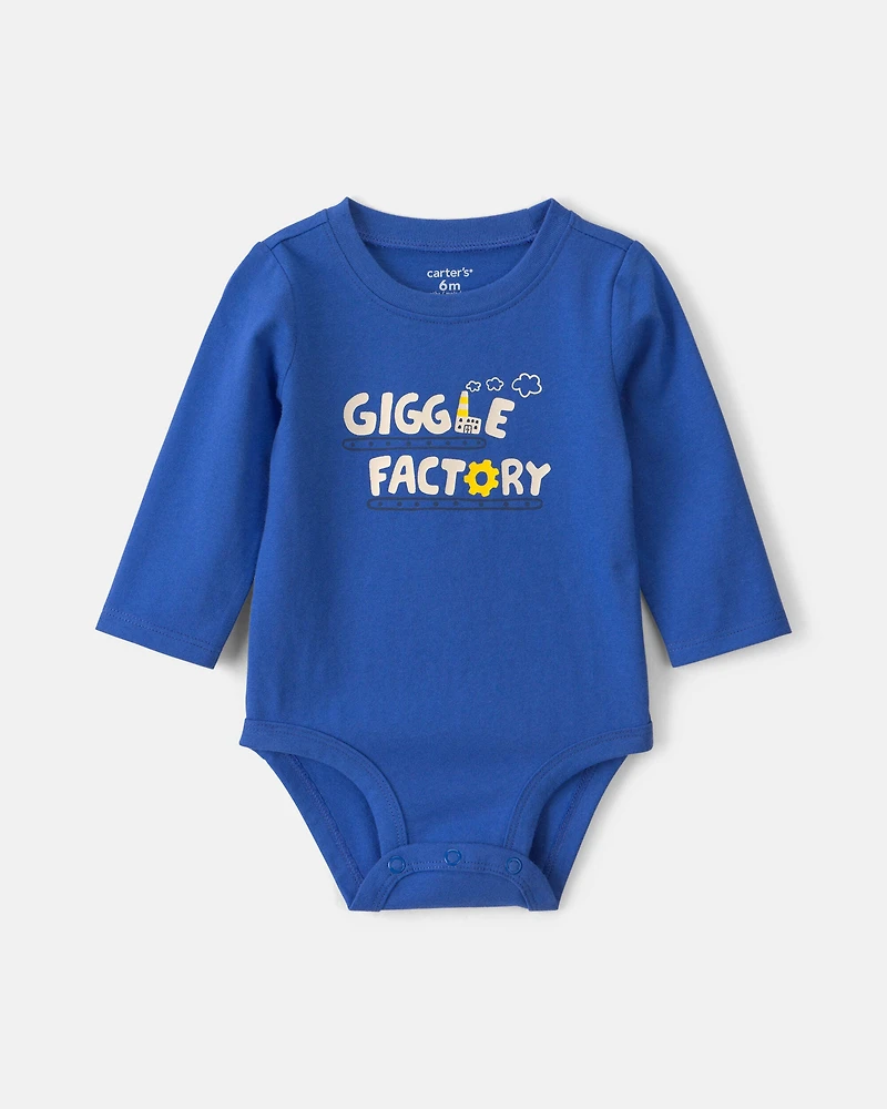Baby Boy 'Giggle Factory' Long-Sleeve Graphic Bodysuit - Blue
