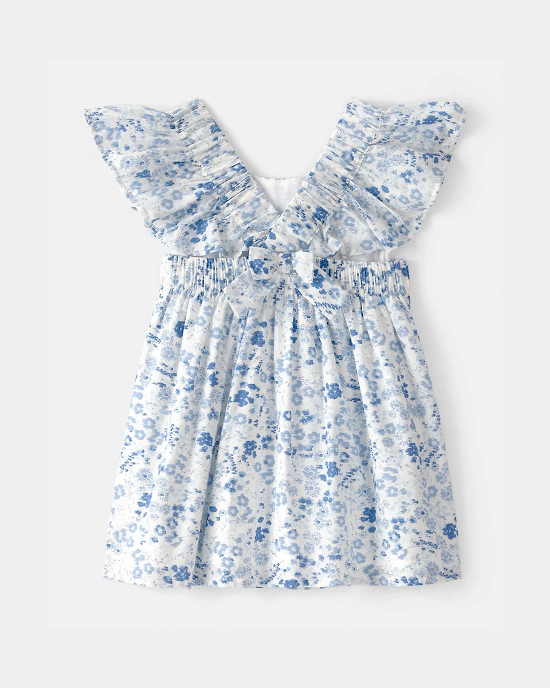 Baby Girl Floral Ruffle Dress - Blue/White