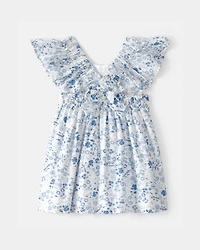 Baby Girl Floral Ruffle Dress - Blue/White